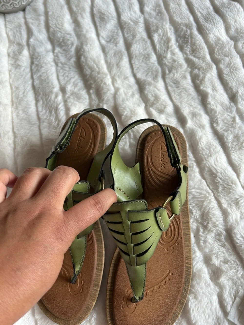 Clarks Olive Green and Brown Leather T-Strap Sandals